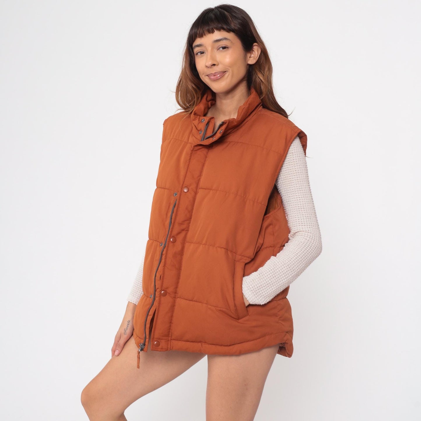 Y2K St Johns Bay Burnt Orange Puffer Vest Quilted Zip Snap Collar Extra Large XL