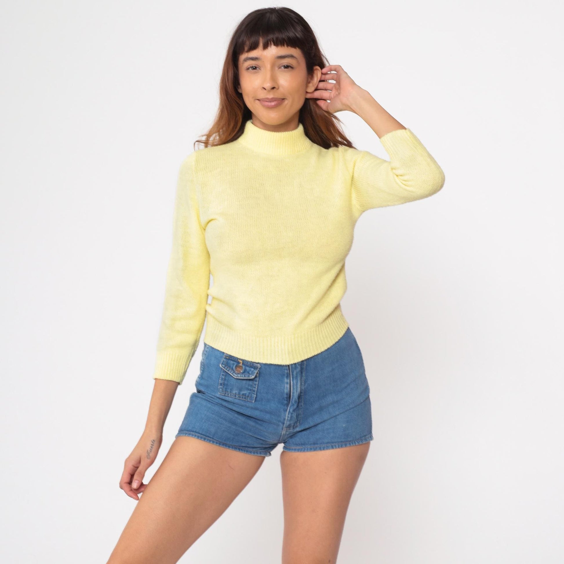 70s Yellow Knit Sweater Mock Neck Raglan Pullover Extra Small XS