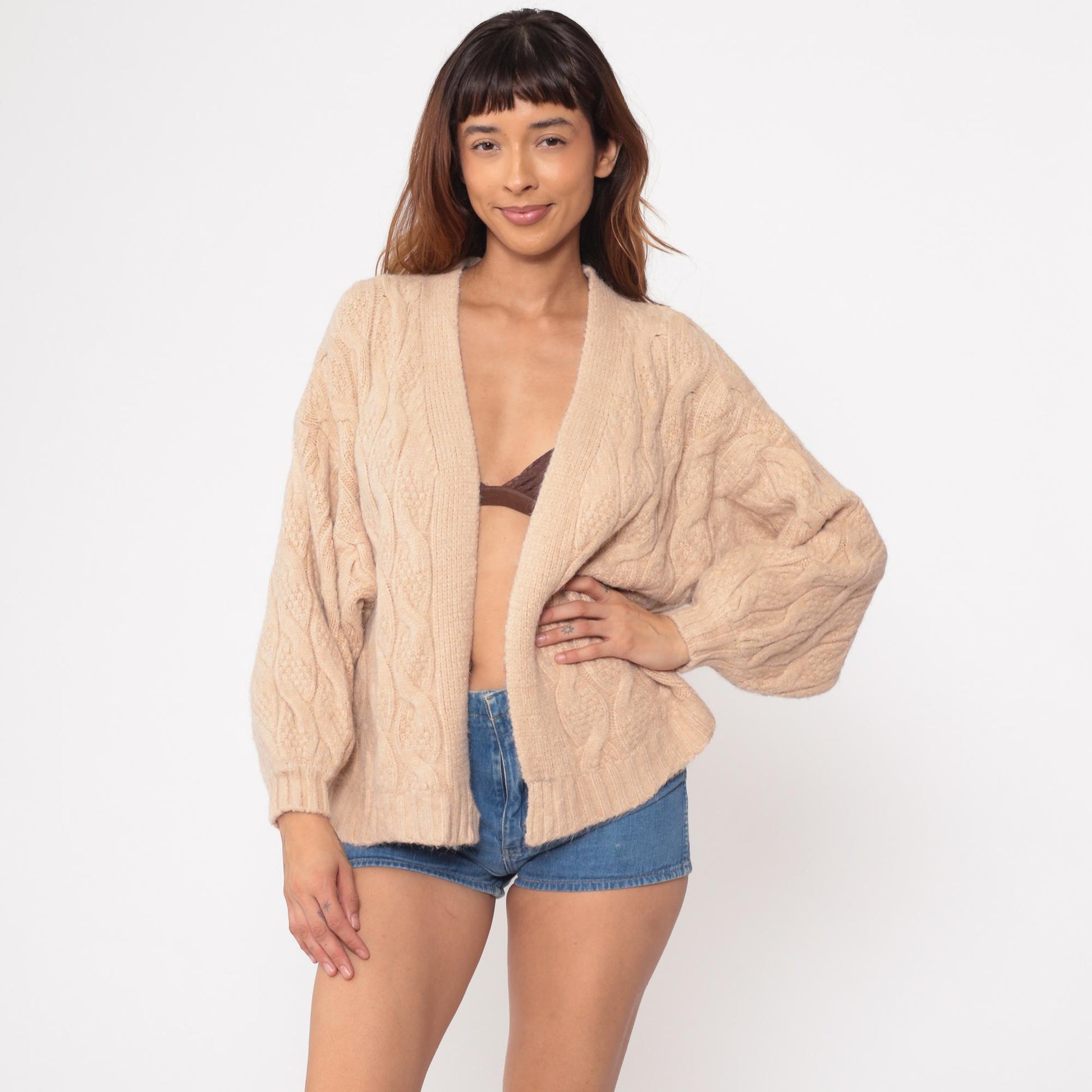 80s Cable Knit Cardigan Cream Wool Fisherman Chunky Knit Small