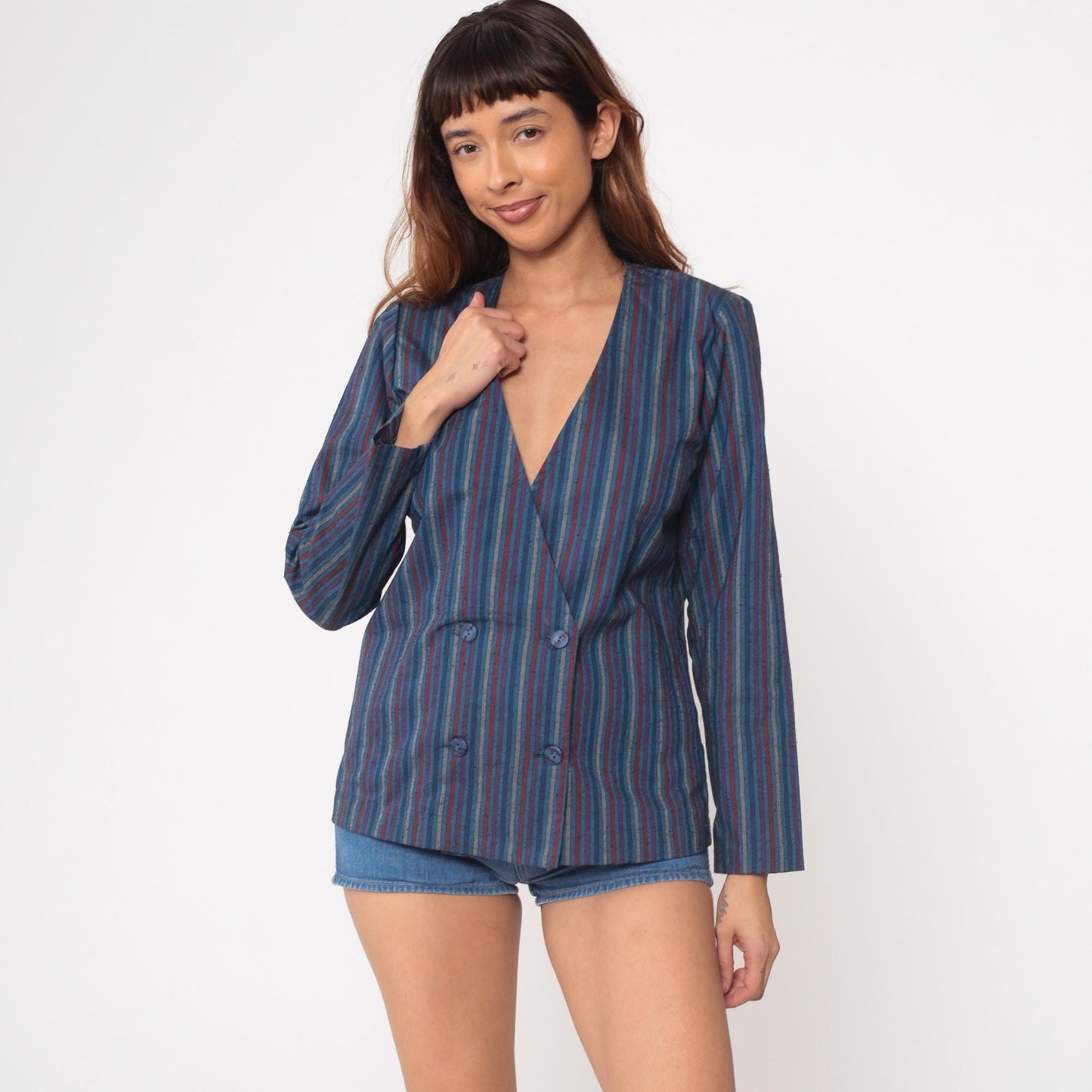 80s You Babes Striped Double-Breasted Blazer Blue Purple Red Medium M