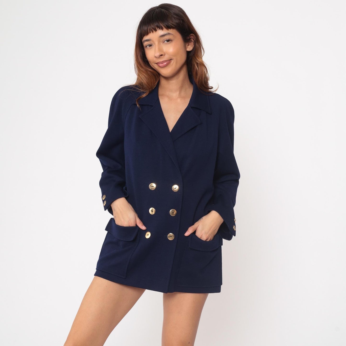 70s Marchesa di Grasy Navy Wool Blazer Double Breasted Gold Buttons Medium M