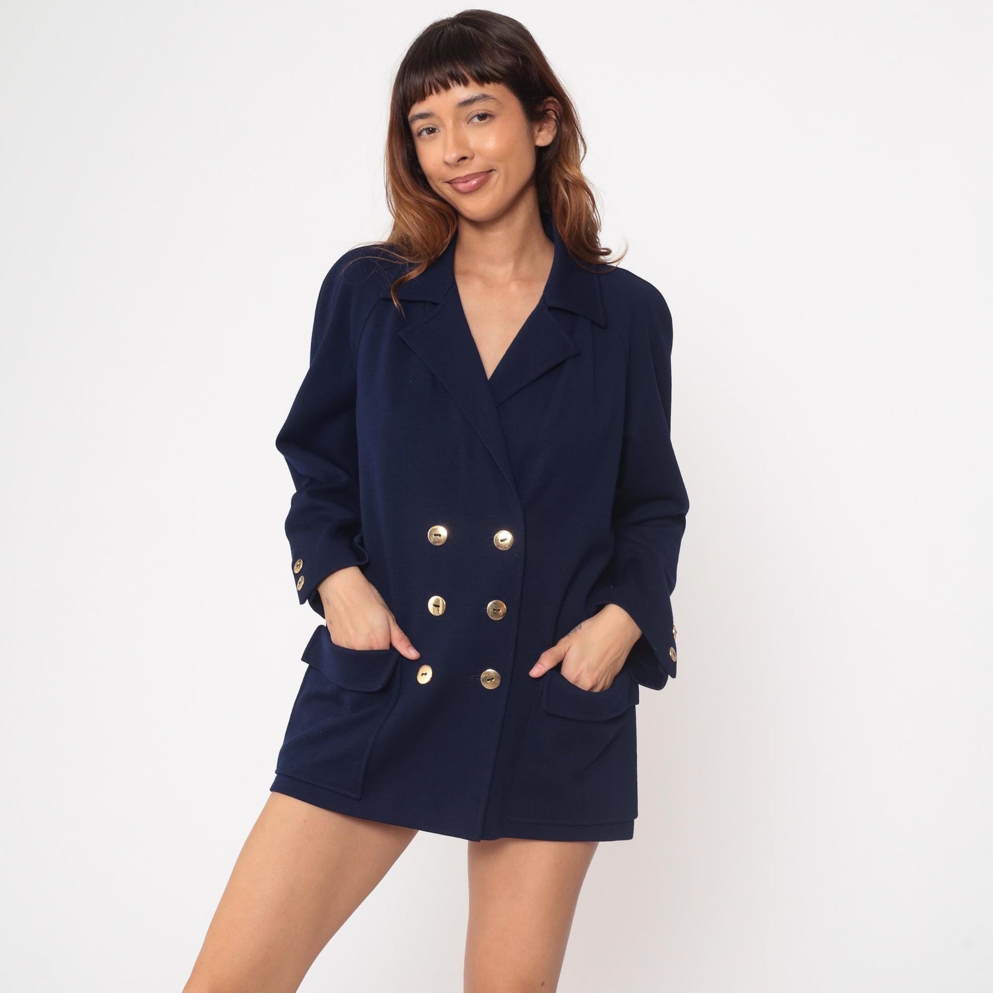 70s Marchesa di Grasy Navy Wool Blazer Double Breasted Gold Buttons Medium M