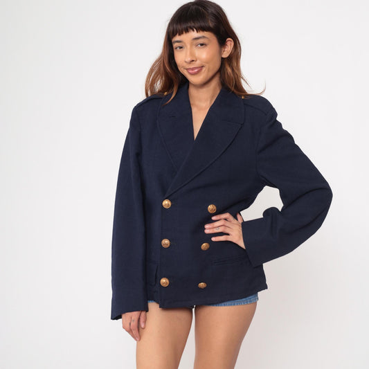 70s Navy Wool Blazer Anchor Gold Buttons Double-Breasted Medium