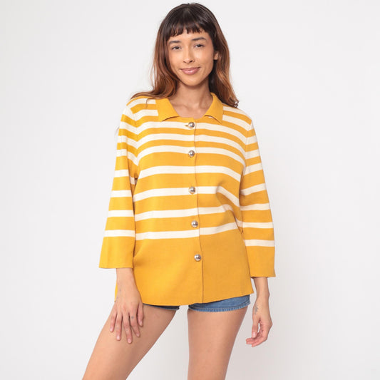 Y2K Liz Claiborne Mustard Striped Cardigan Pointed Collar Large L