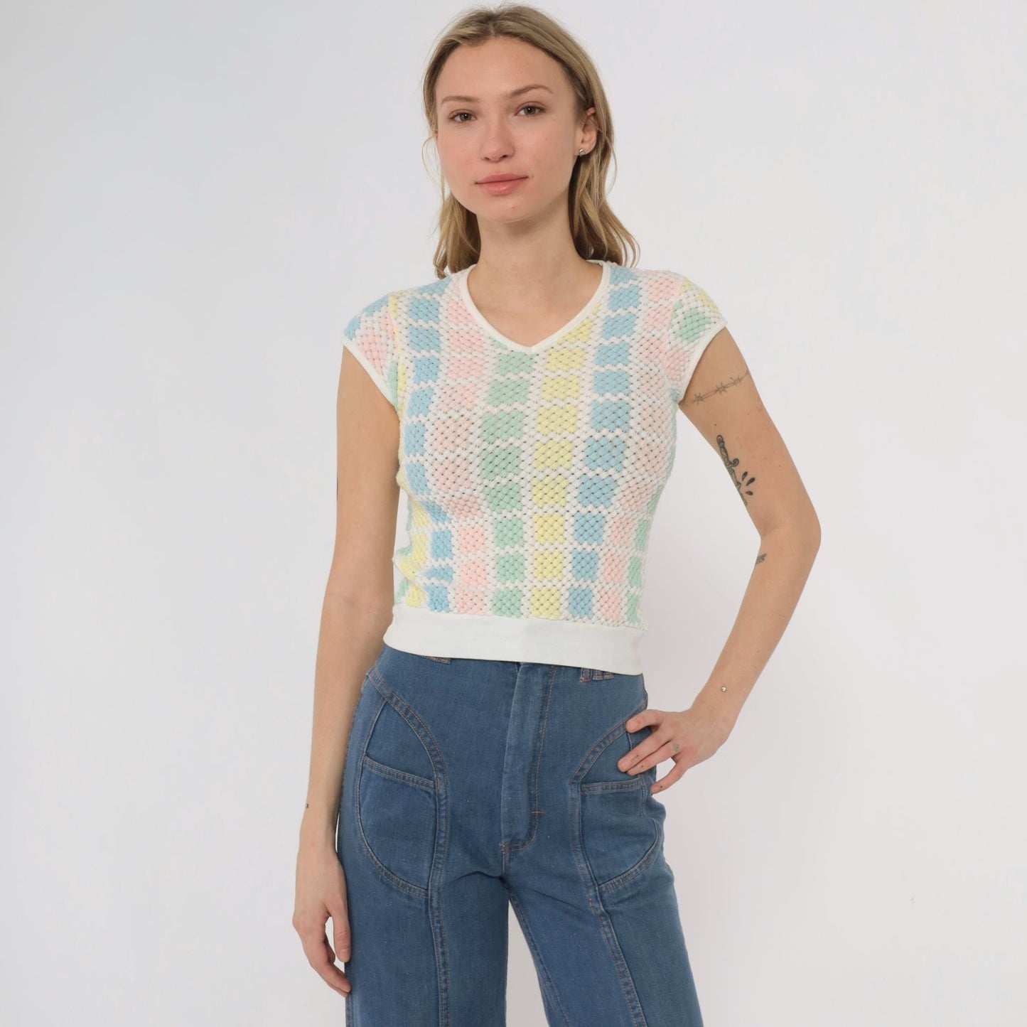 70s Pastel Checkered Mesh Crop Top V-Neck Cap Sleeve Pink Blue Yellow Mint Small