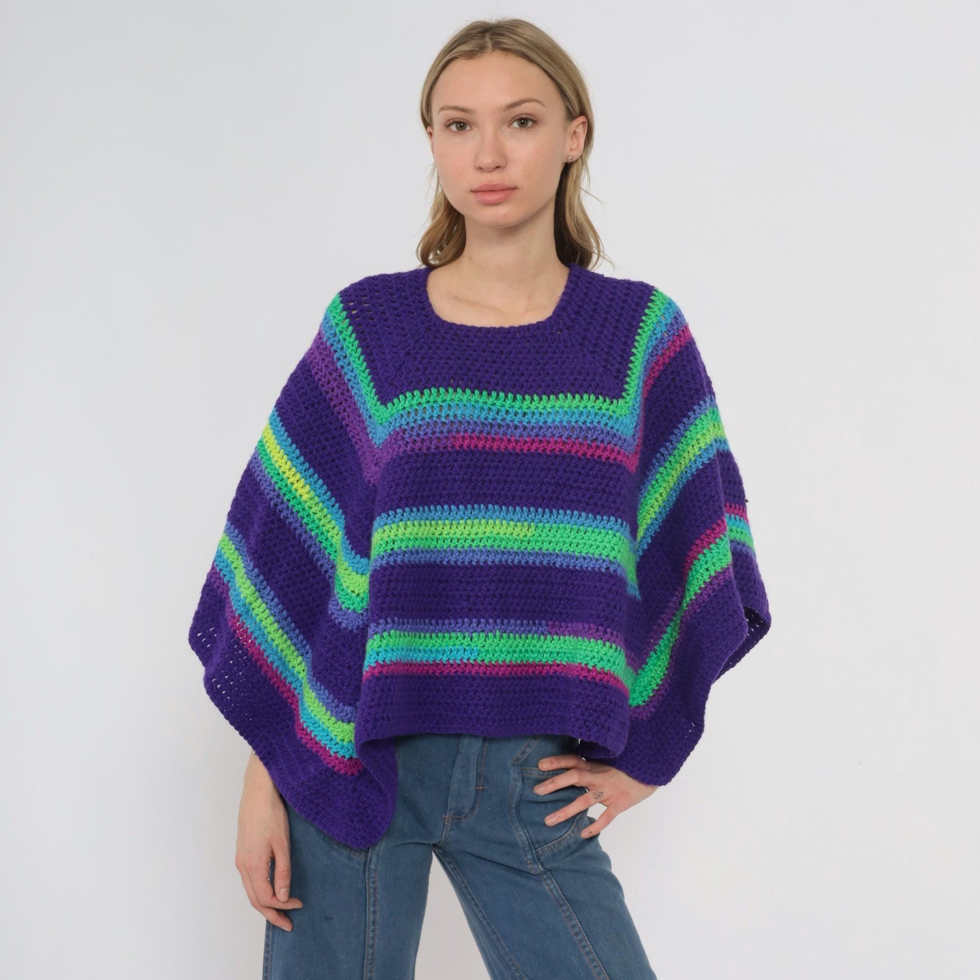 90s Purple Crochet Poncho Rainbow Stripe Square Neck One Size