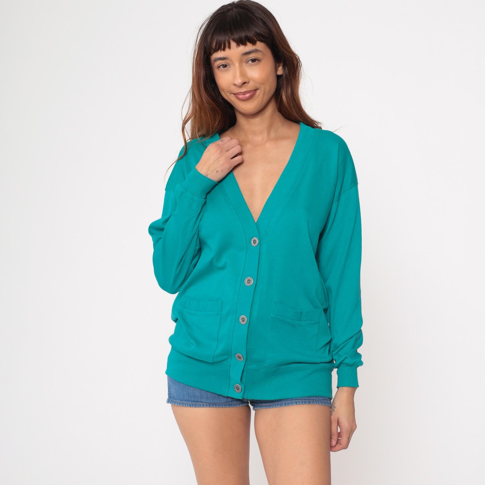90s Teal Deep V-Neck Cardigan Cotton Blend Silver Buttons Pockets Small
