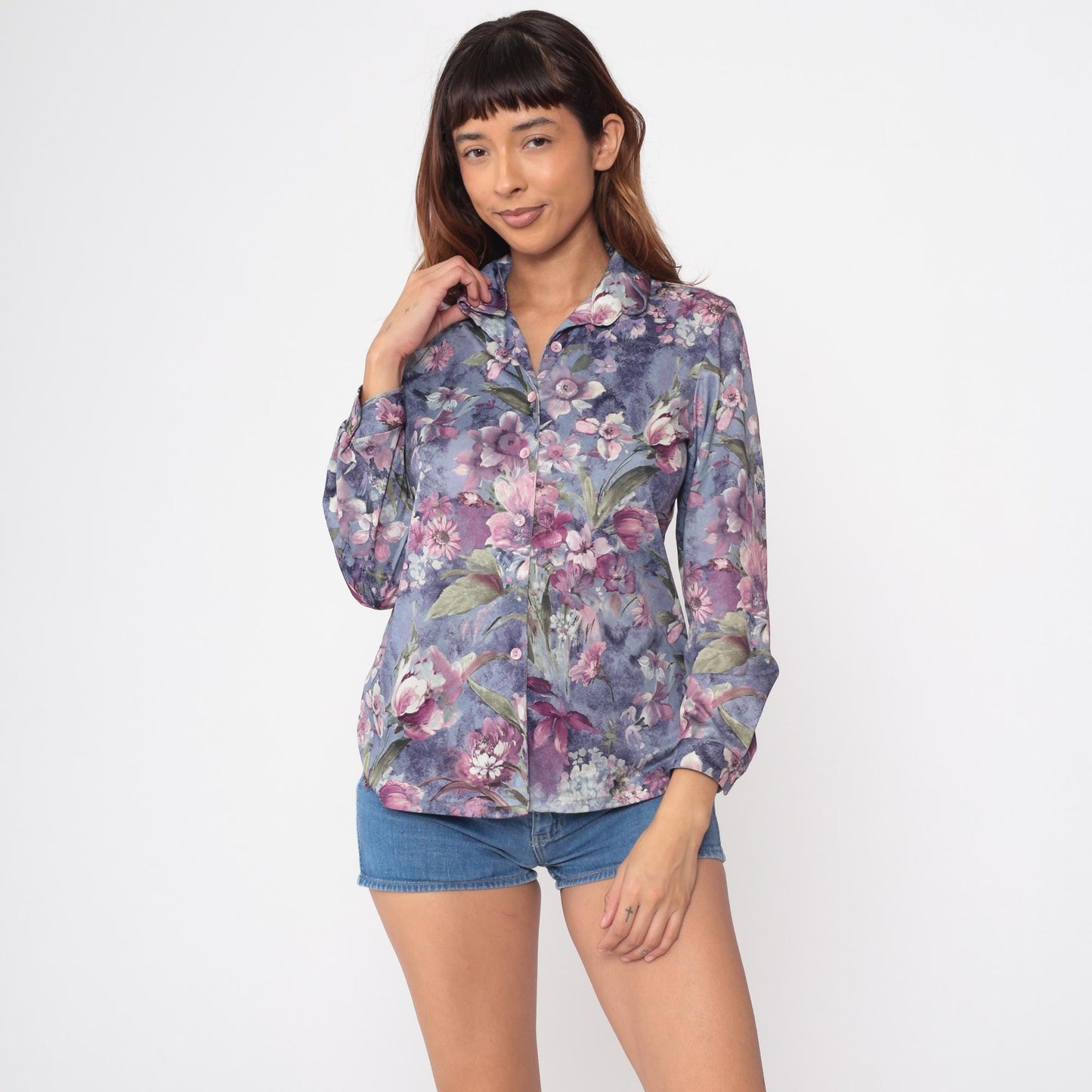 70s Lori Watercolor Floral Button Blouse Purple Pink Long Sleeve Small