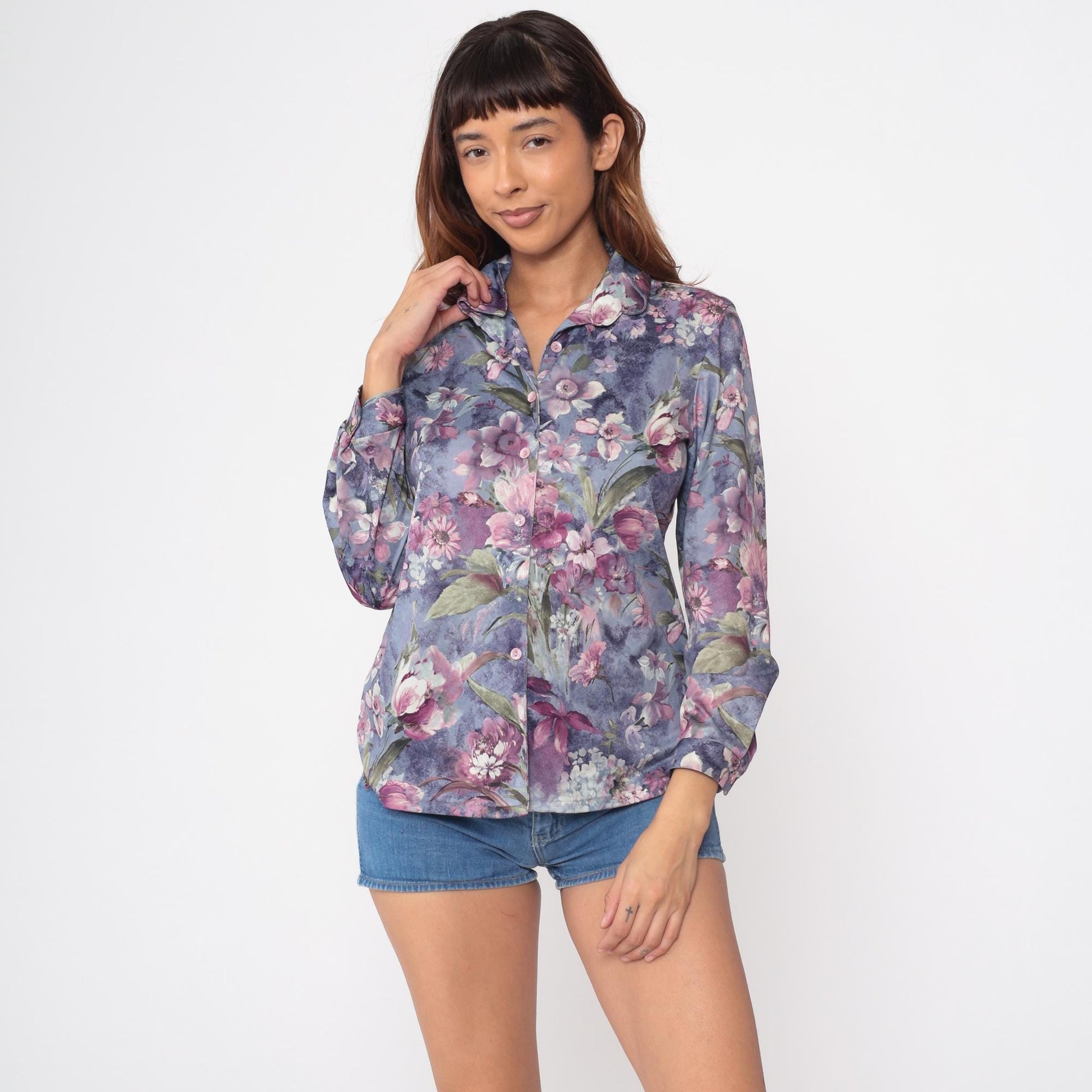 70s Lori Watercolor Floral Button Blouse Purple Pink Long Sleeve Small