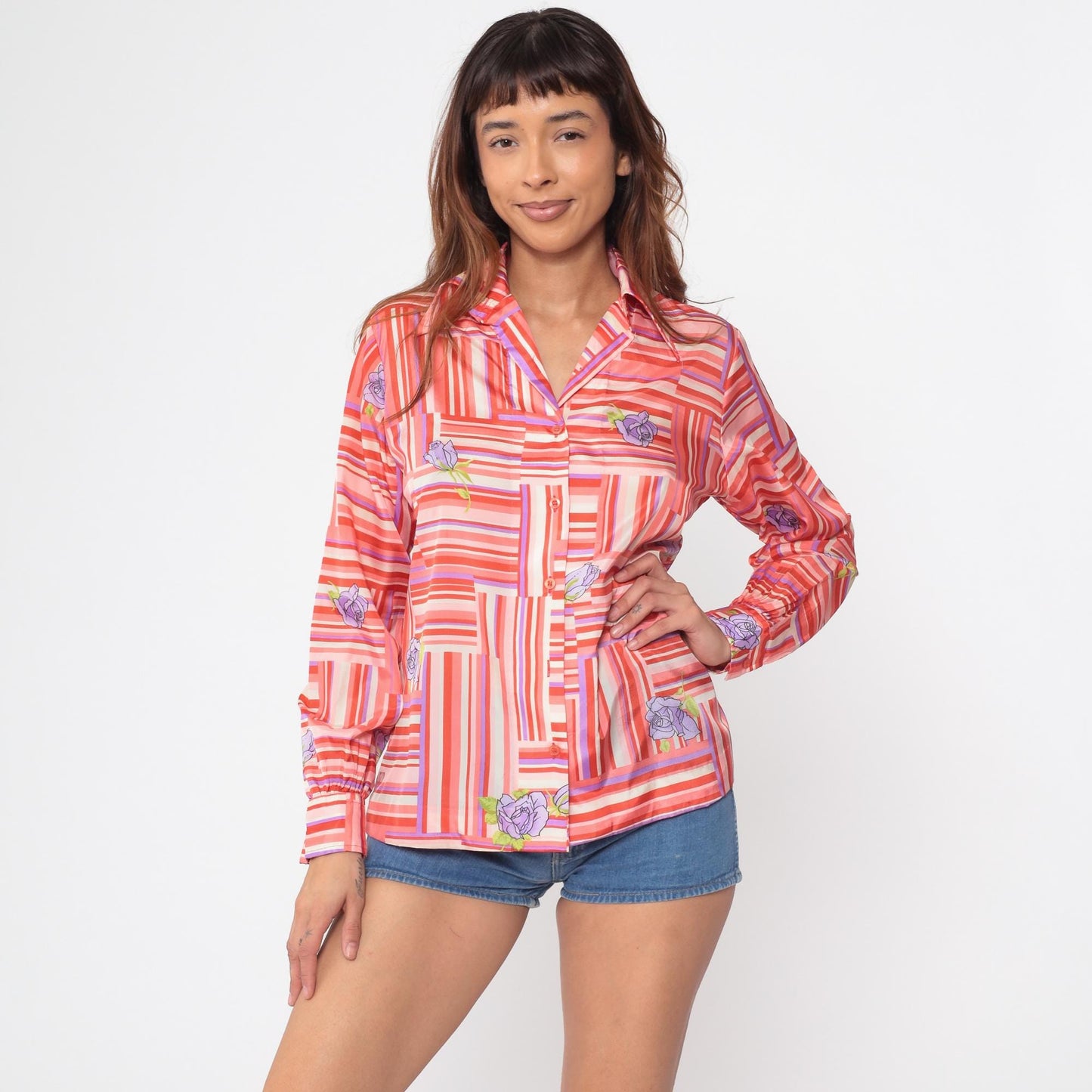 70s Coral Striped Floral Blouse Geometric Patchwork Purple Rose Button Down Large