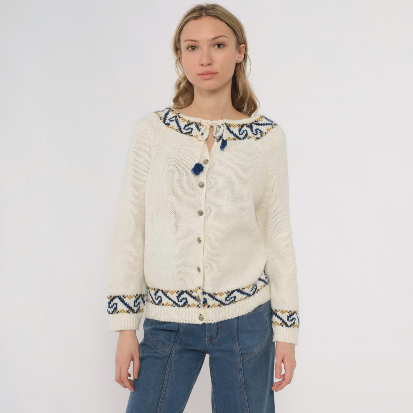 70s Nordic Folk Cardigan Cream Blue Gold Pattern Button Front Medium