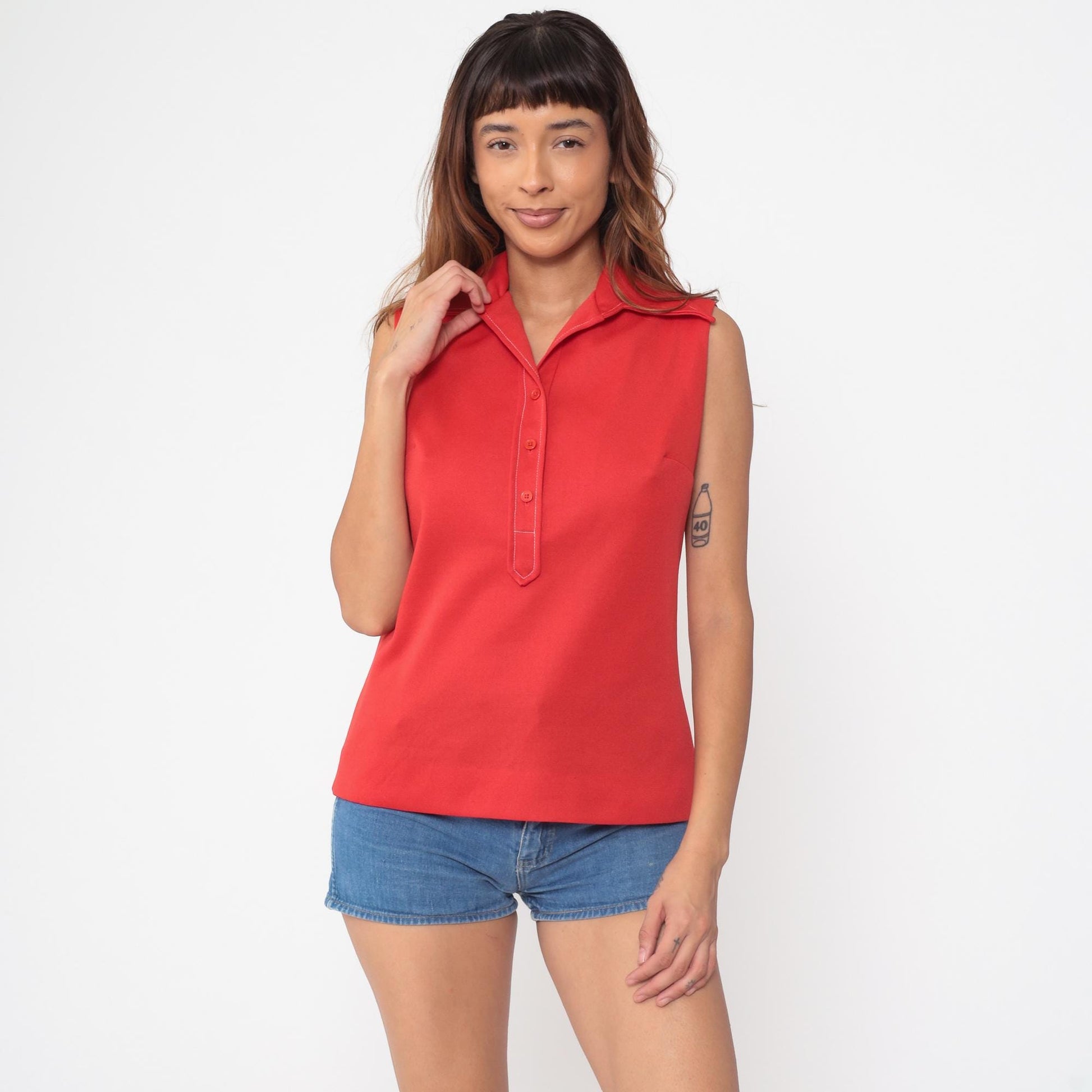 70s Pykettes Red Sleeveless Polo Collared Top Button Placket Medium