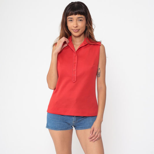 70s Pykettes Red Sleeveless Polo Collared Top Button Placket Medium