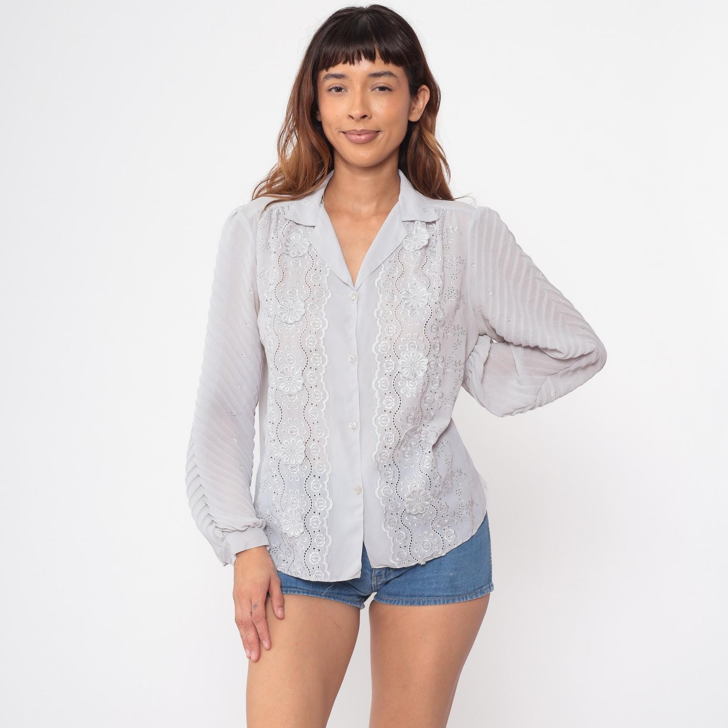 70s Diamonds of California Eyelet Blouse Grey Floral Cutout Long Sleeve Medium