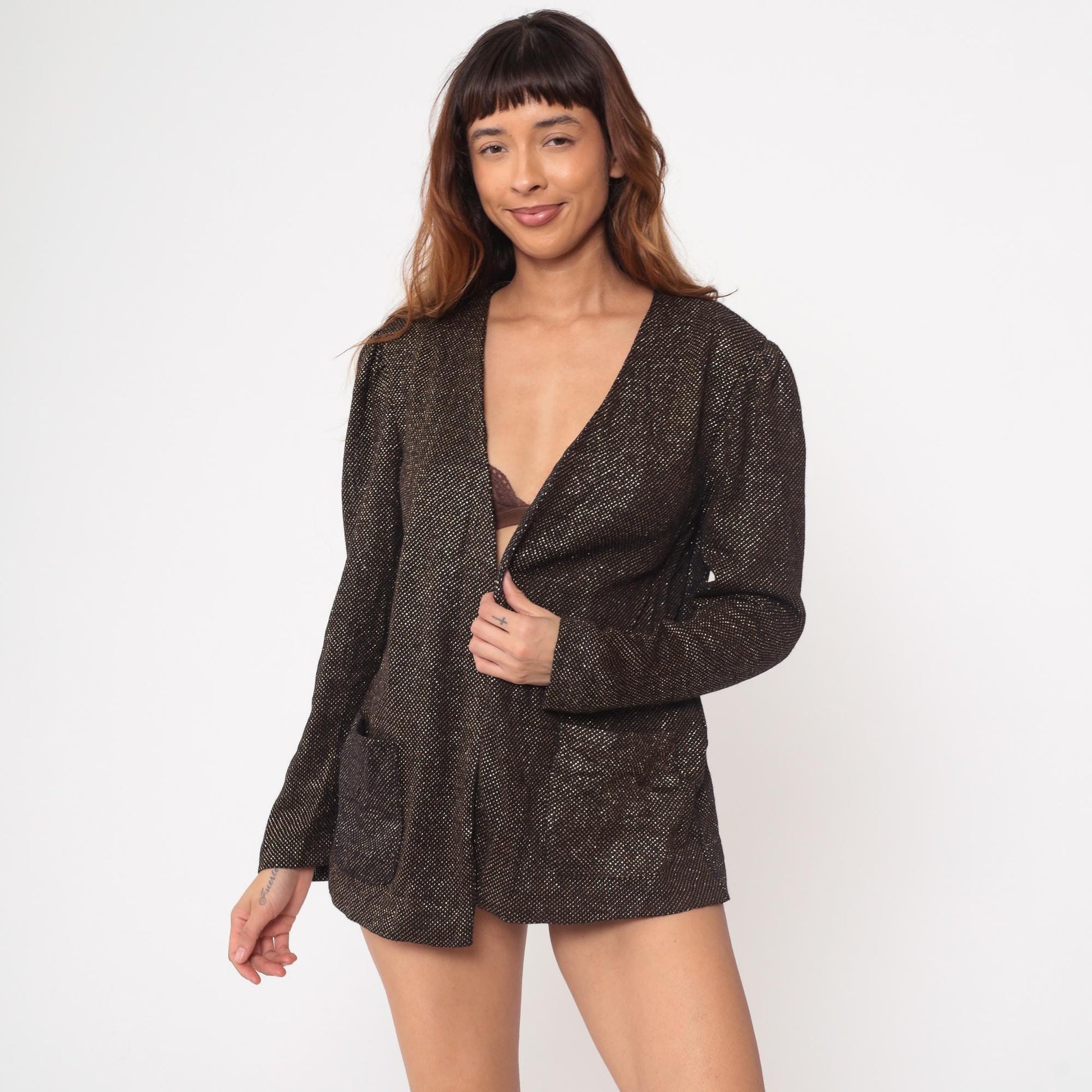 80s Lady Devon Black Gold Metallic Blazer V-Neck Open Front Medium
