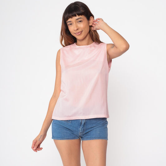 60s Pale Pink Sleeveless Shell Top Split Back Round Neck Small