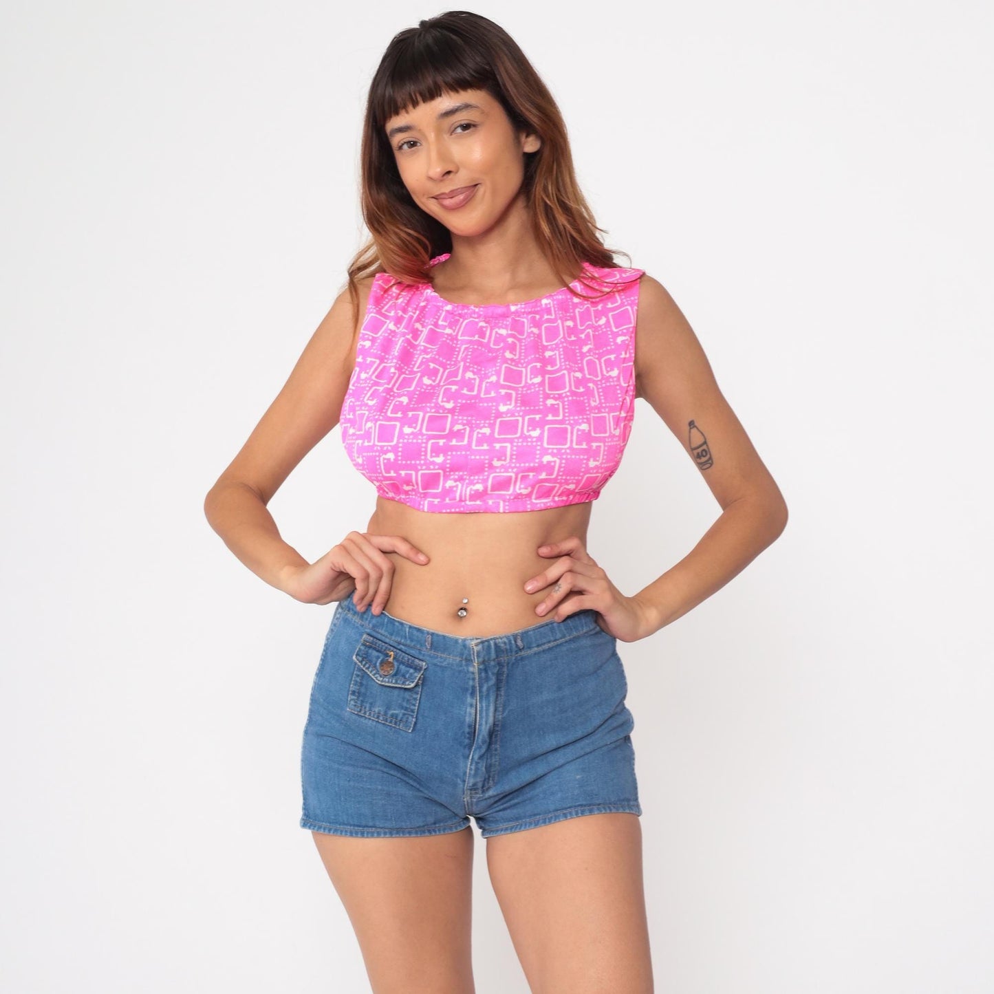 60s Pink Geometric Mod Crop Top Sleeveless Blouse White Print Extra Small XS