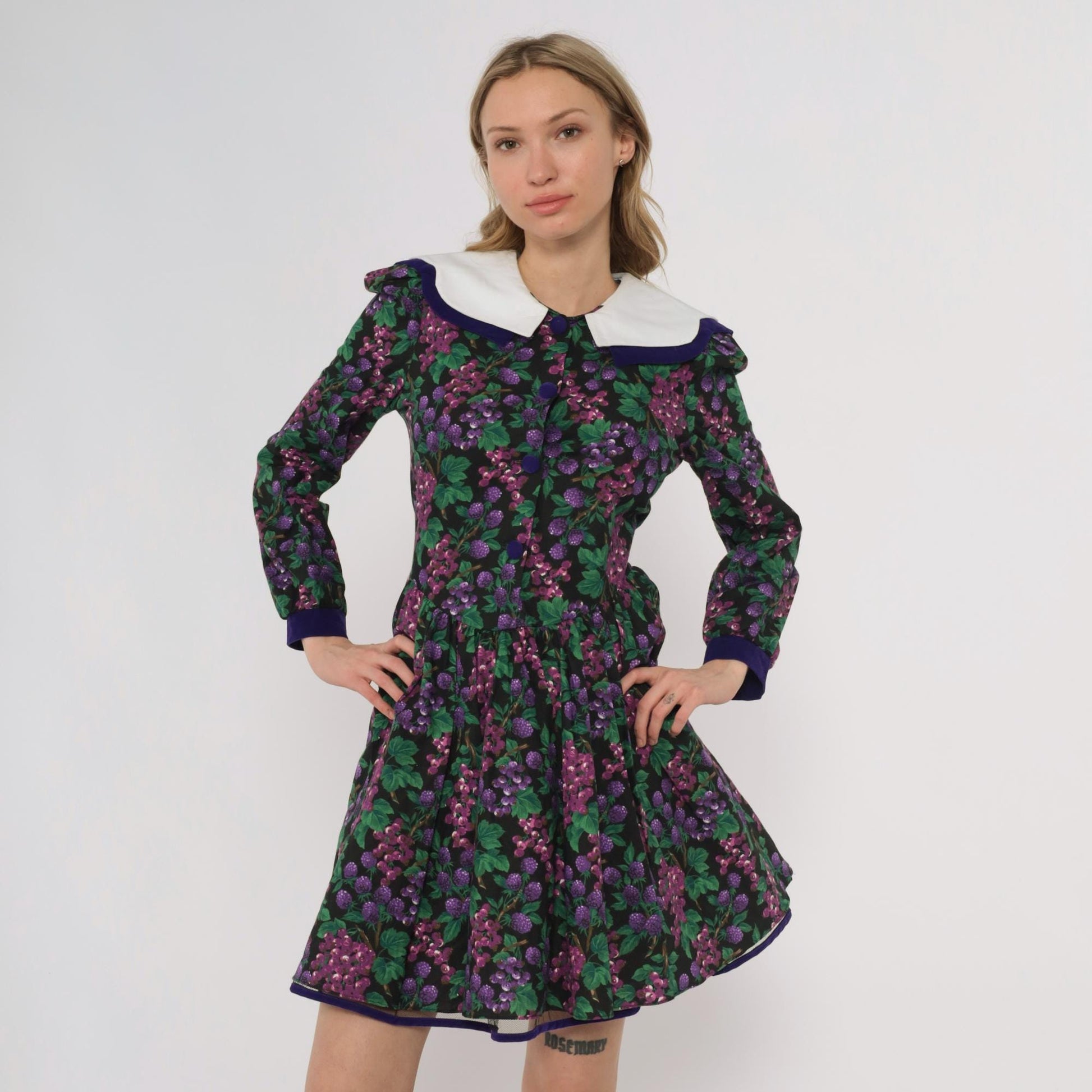 80s Bonnie Jean Purple Grape Print Dress Peter Pan Collar Extra Small XS