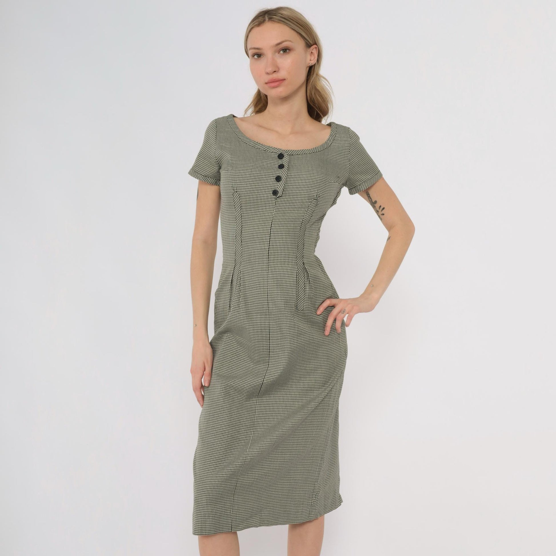 1950s Houndstooth Check Button Front Midi Dress Black White Scoop Neck Extra Small XS