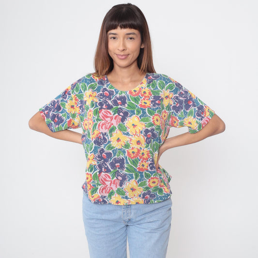90s Emerald Isle Tropical Floral Blouse Botanical Print Scoop Neck Medium