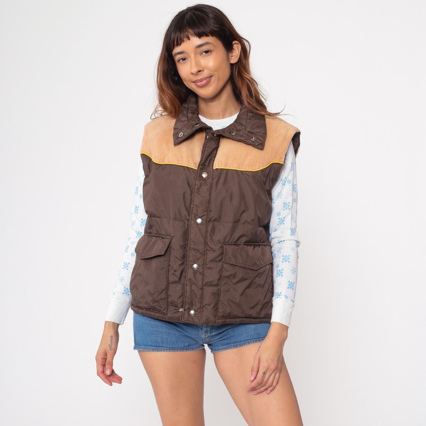 70s Down Hill Western Puffer Vest Brown Corduroy Nylon Snap Front Medium