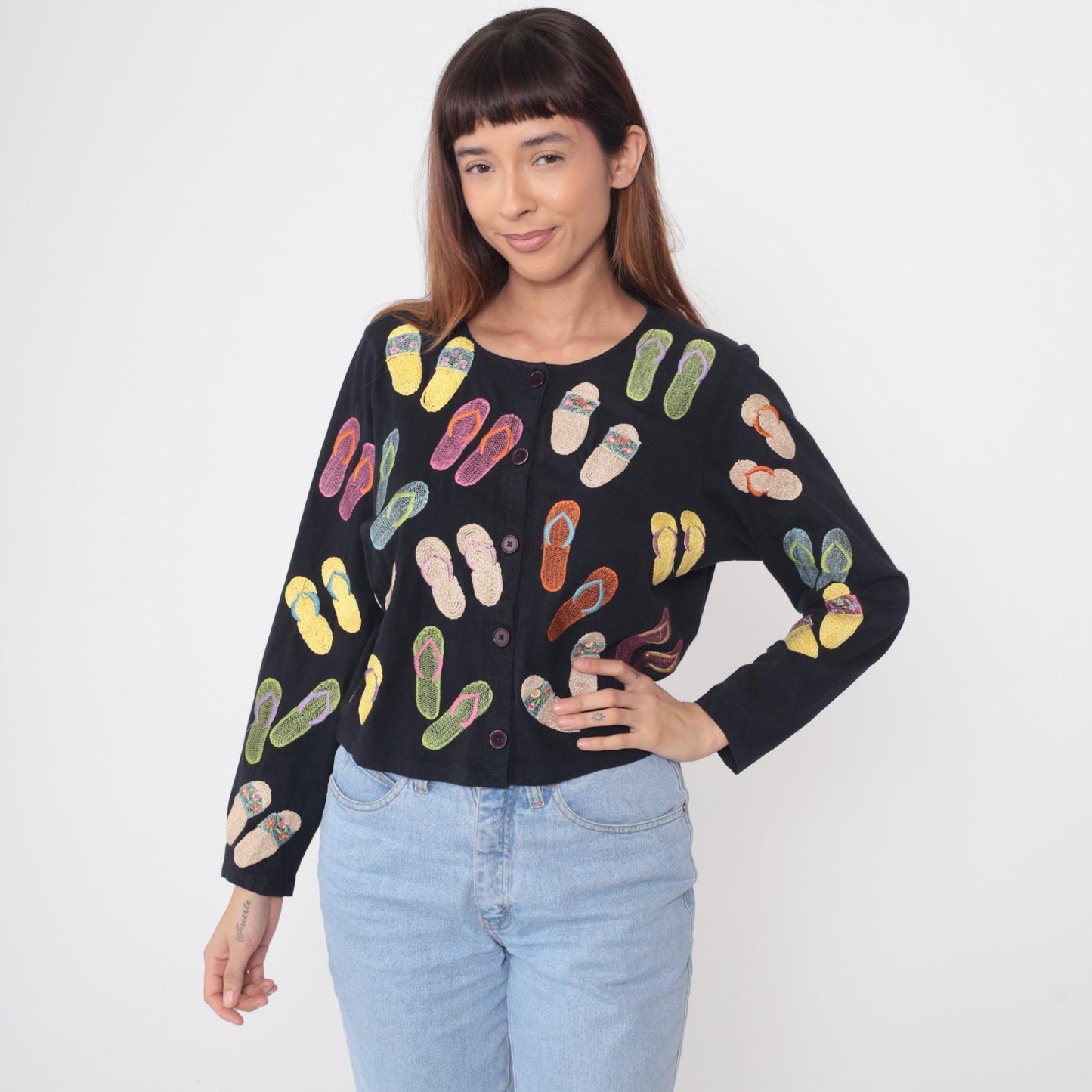 Y2K Lite Michael Simon Flip Flop Embroidered Cardigan Black Cotton Medium M
