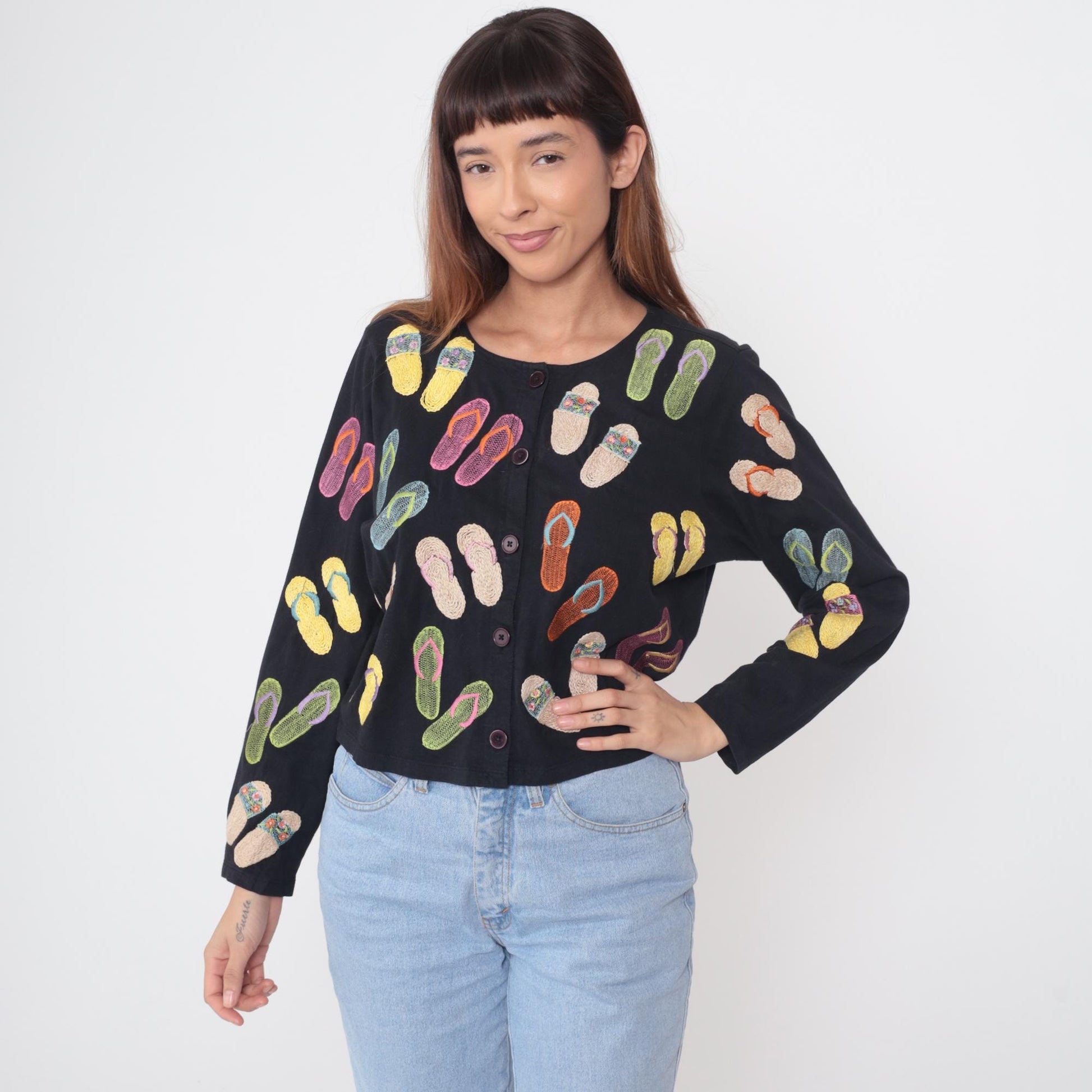 Y2K Lite Michael Simon Flip Flop Embroidered Cardigan Black Cotton Medium M
