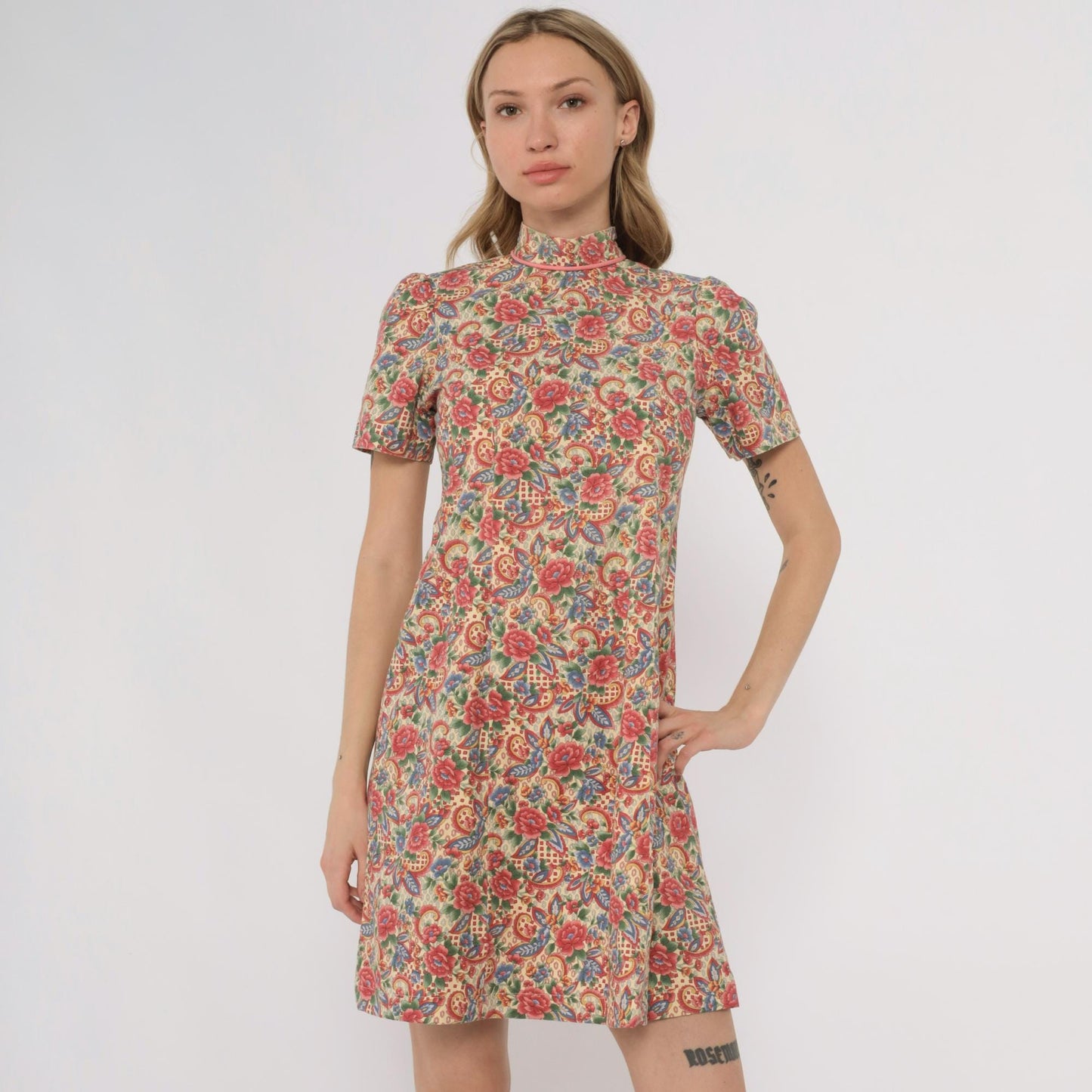 70s Floral Paisley Print Mock Neck Midi Dress A-Line Cotton Extra Small XS
