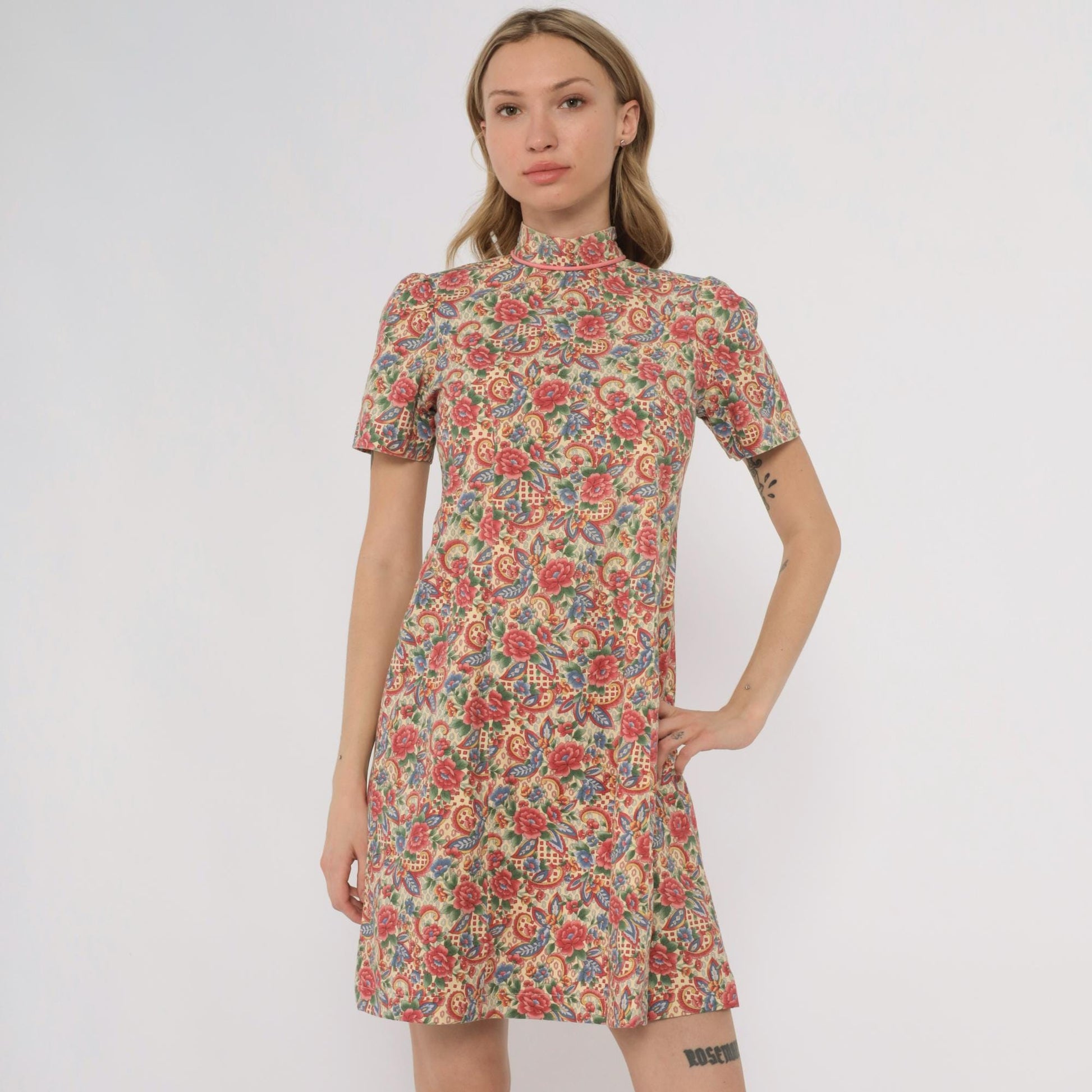 70s Floral Paisley Print Mock Neck Midi Dress A-Line Cotton Extra Small XS