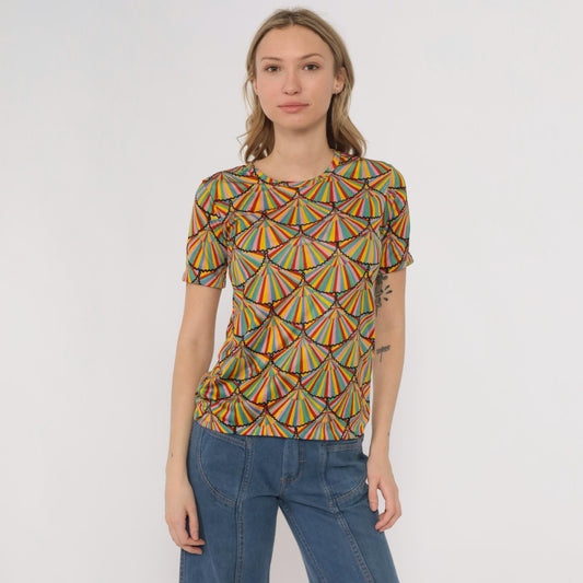 70s Helen Sue Rainbow Geometric Fan Print Nylon Tee Crew Neck Medium