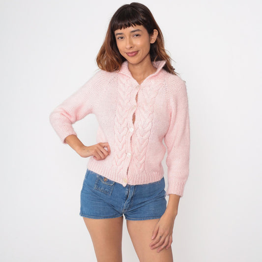 80s Pink Cable Knit Cardigan Cropped Three-Quarter Sleeve Small