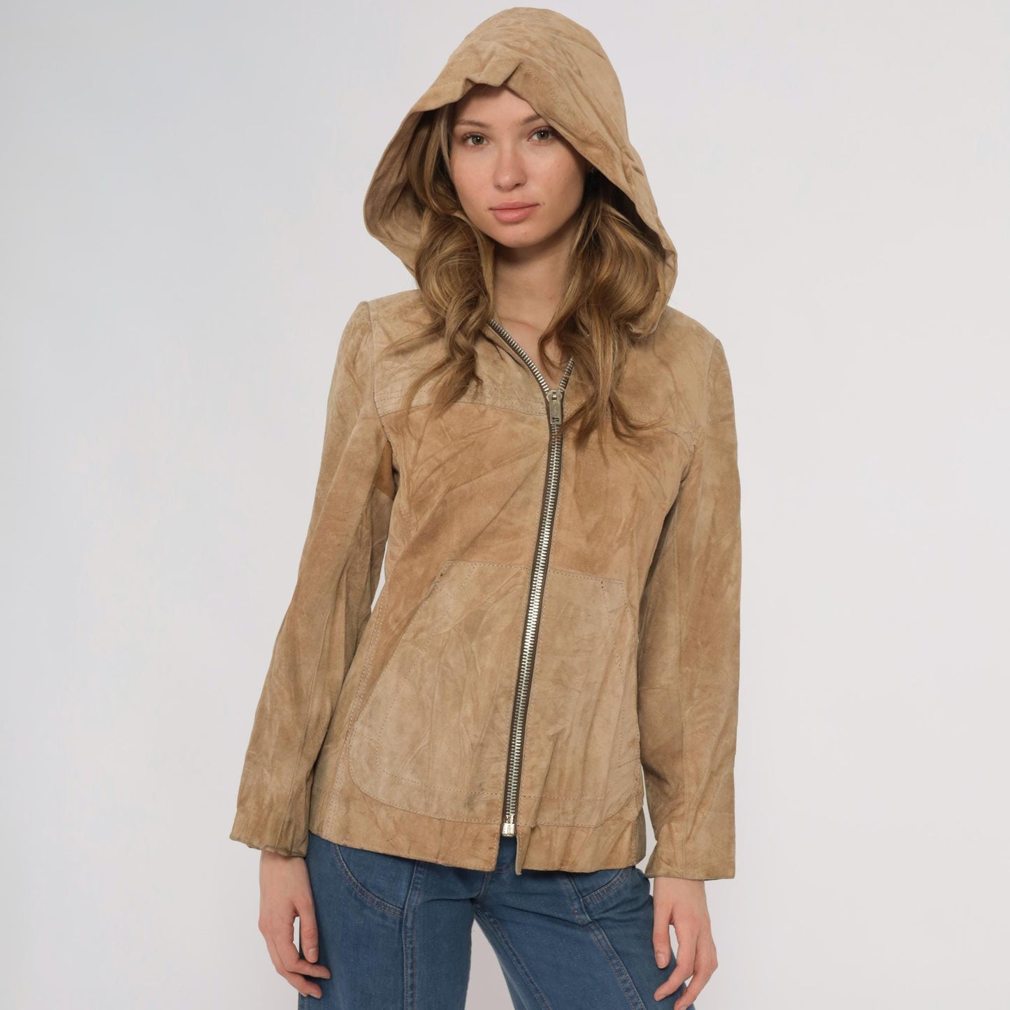 70s Tan Suede Hooded Jacket Zip Front Leather Small S