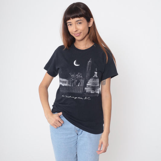 Y2K Washington DC Skyline Graphic Tee Black Cotton Monument Small
