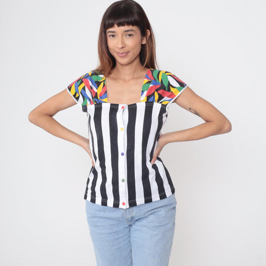 80s Lucie Ann Pattern Mix Top Stripe Geometric Colorblock Small S