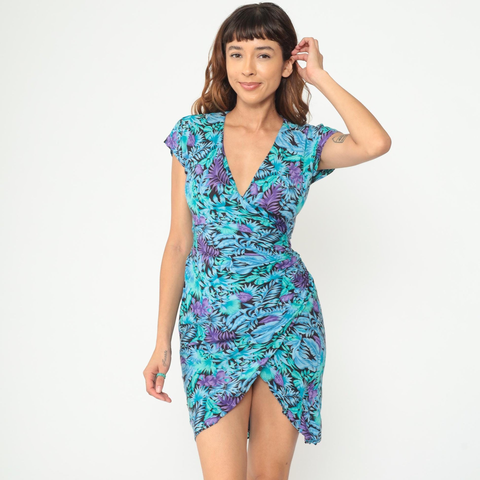 90s Tropical Floral Wrap Dress Turquoise Purple Rayon Mini XS