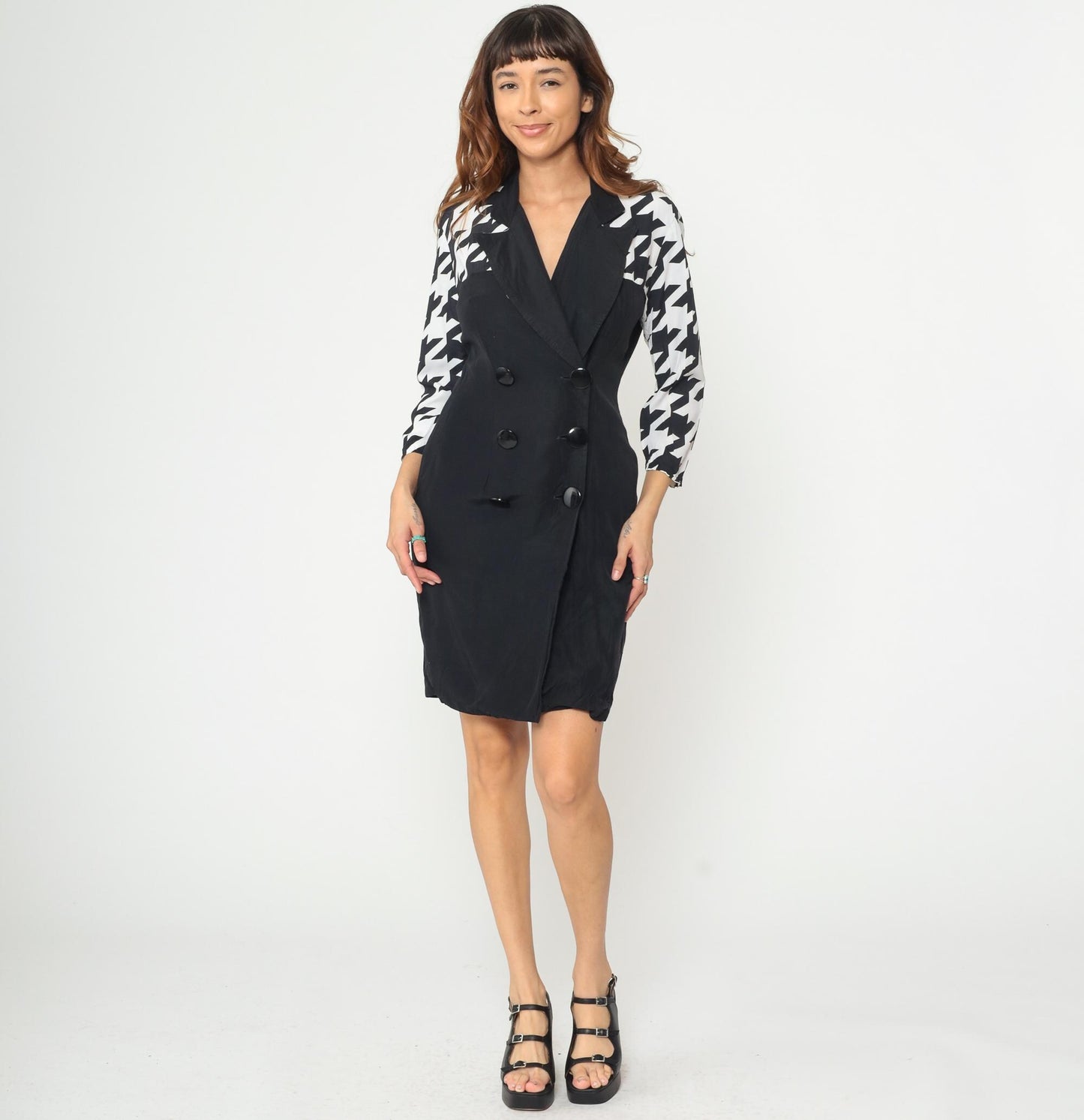 90s Scarlett Black Houndstooth Blazer Dress Double Breasted Mini Small S