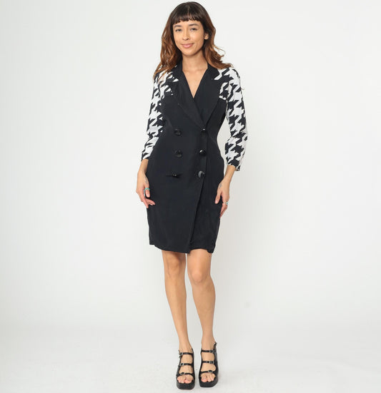 90s Scarlett Black Houndstooth Blazer Dress Double Breasted Mini Small S