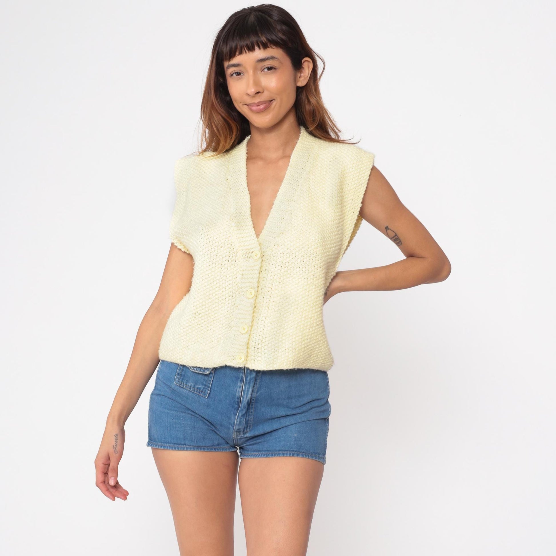 80s Yellow Sweater Vest Button-Up Deep V-Neck Sleeveless Knit Small