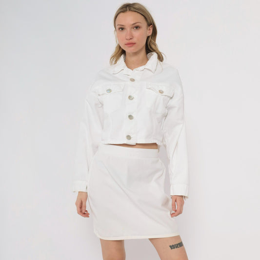 90s Bongo White Denim Crop Jacket Button Up Collar Medium M