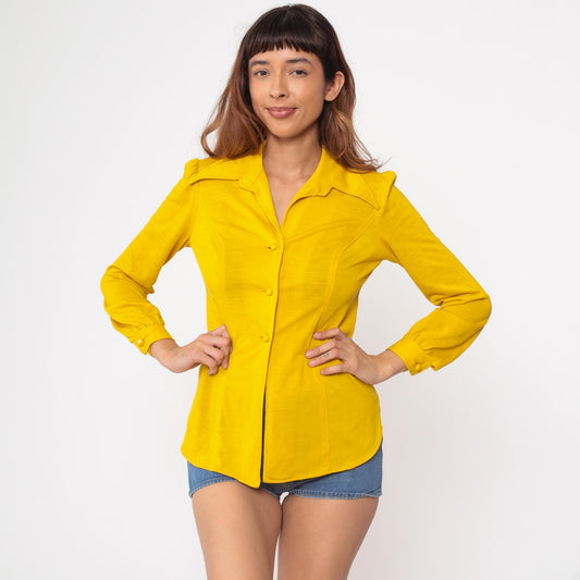 70s Mustard Yellow Button-Up Blouse Pointed Collar Long Sleeve Small S