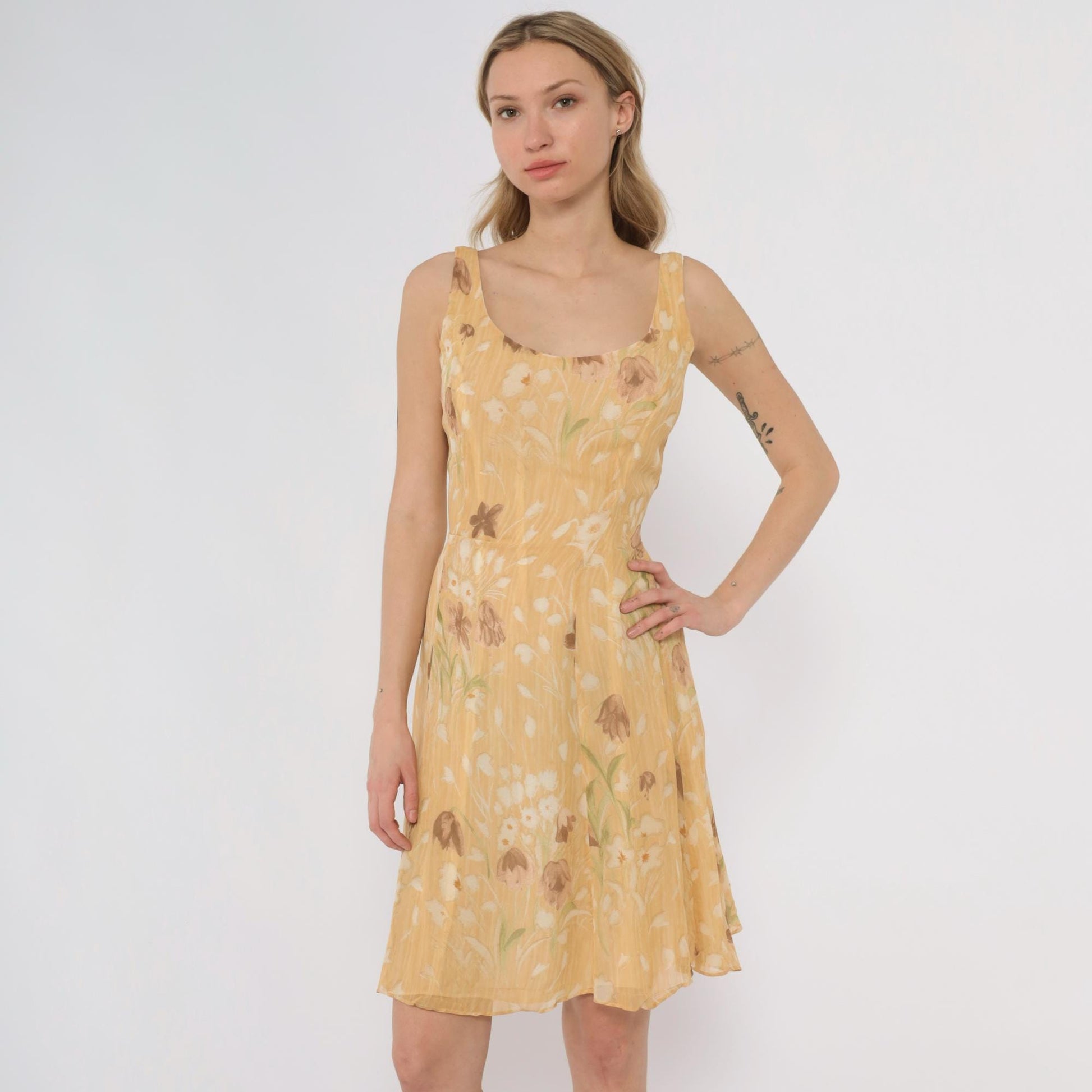 90s Barami Silk Floral Sundress Yellow Daisy Mini Tank Scoop Neck Extra Small