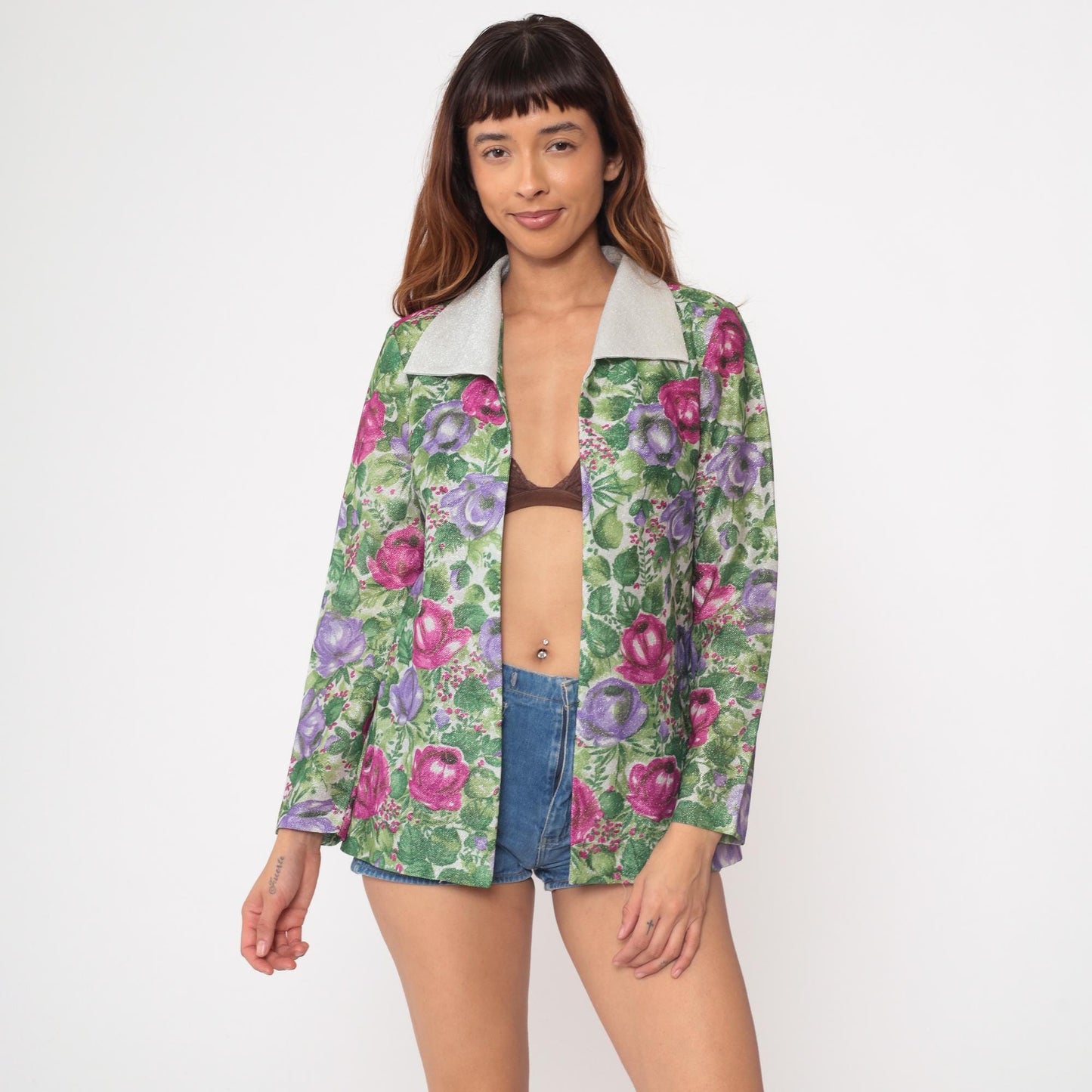 70s Floral Blazer Pink Purple Rose Print Light Green White Collar Small