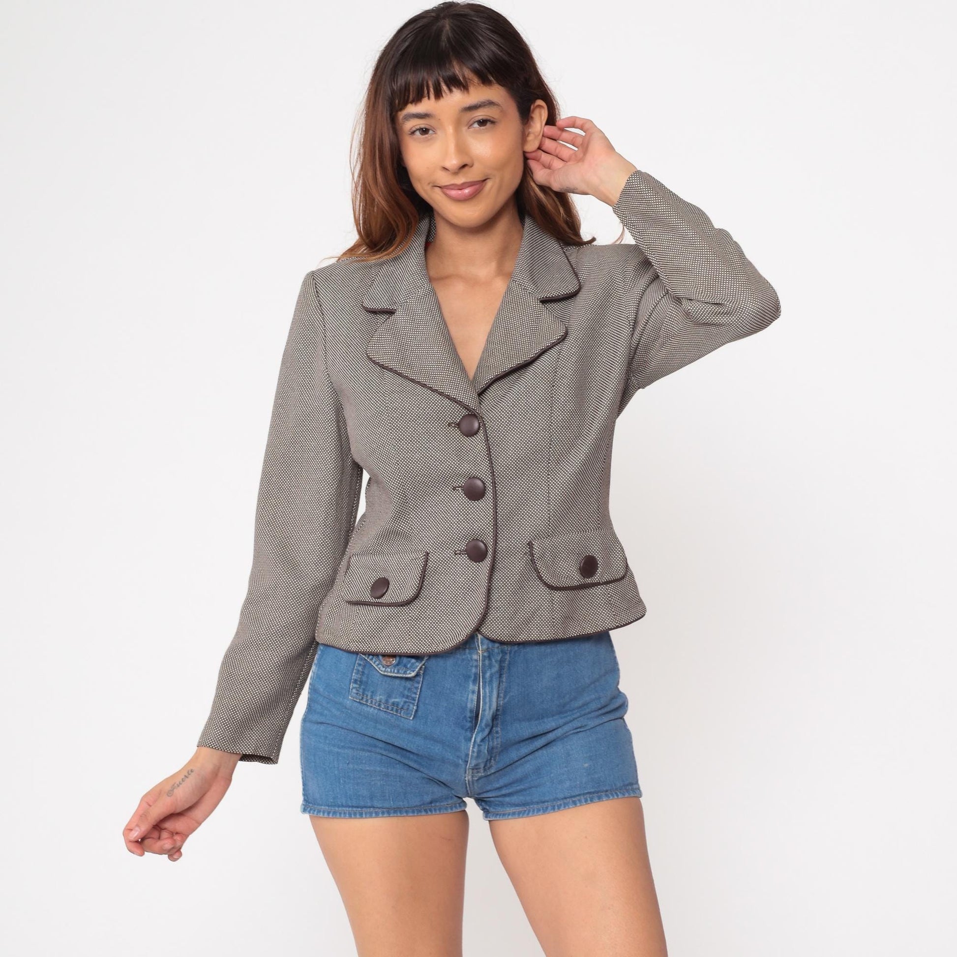 80s Dani Max Petite Cropped Blazer Taupe Brown Micro Check Small S