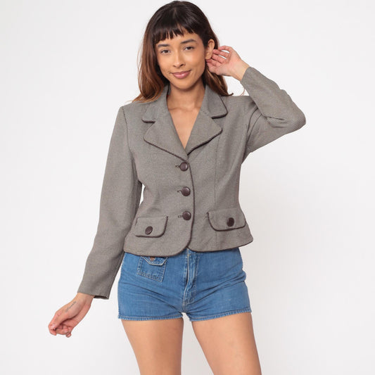 80s Dani Max Petite Cropped Blazer Taupe Brown Micro Check Small S