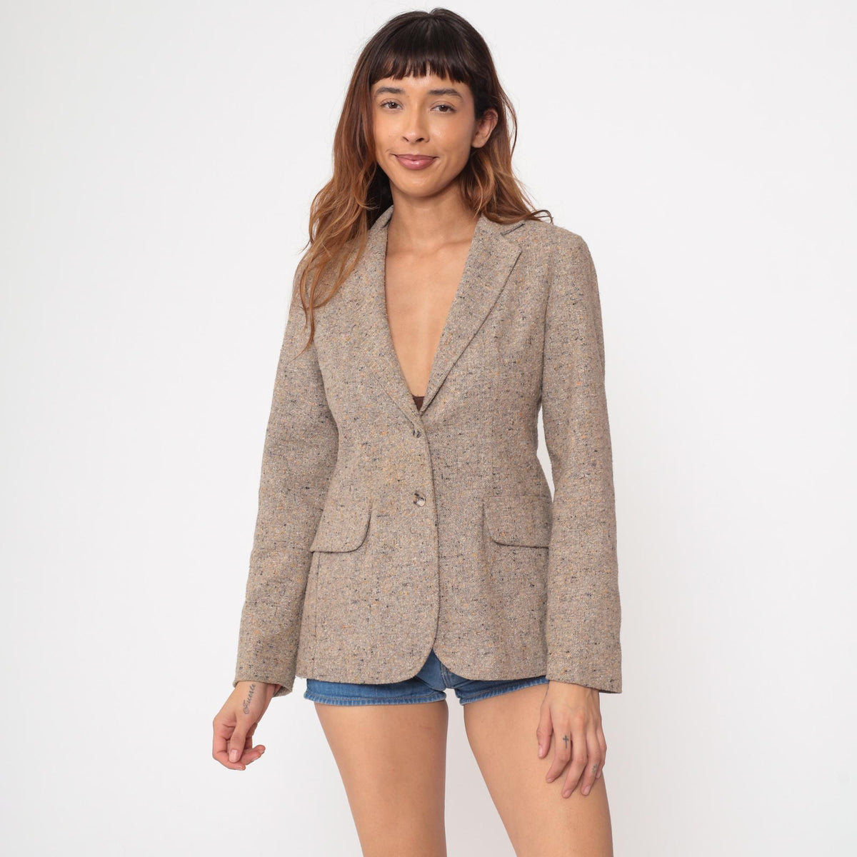 80s Tweed Blazer Oatmeal Beige Wool Blend Two-Button Tailored Jacket Small