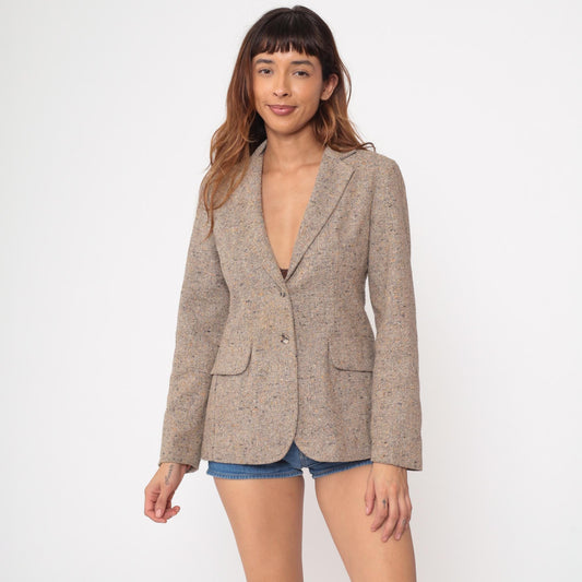 80s Tweed Blazer Oatmeal Beige Wool Blend Two-Button Tailored Jacket Small