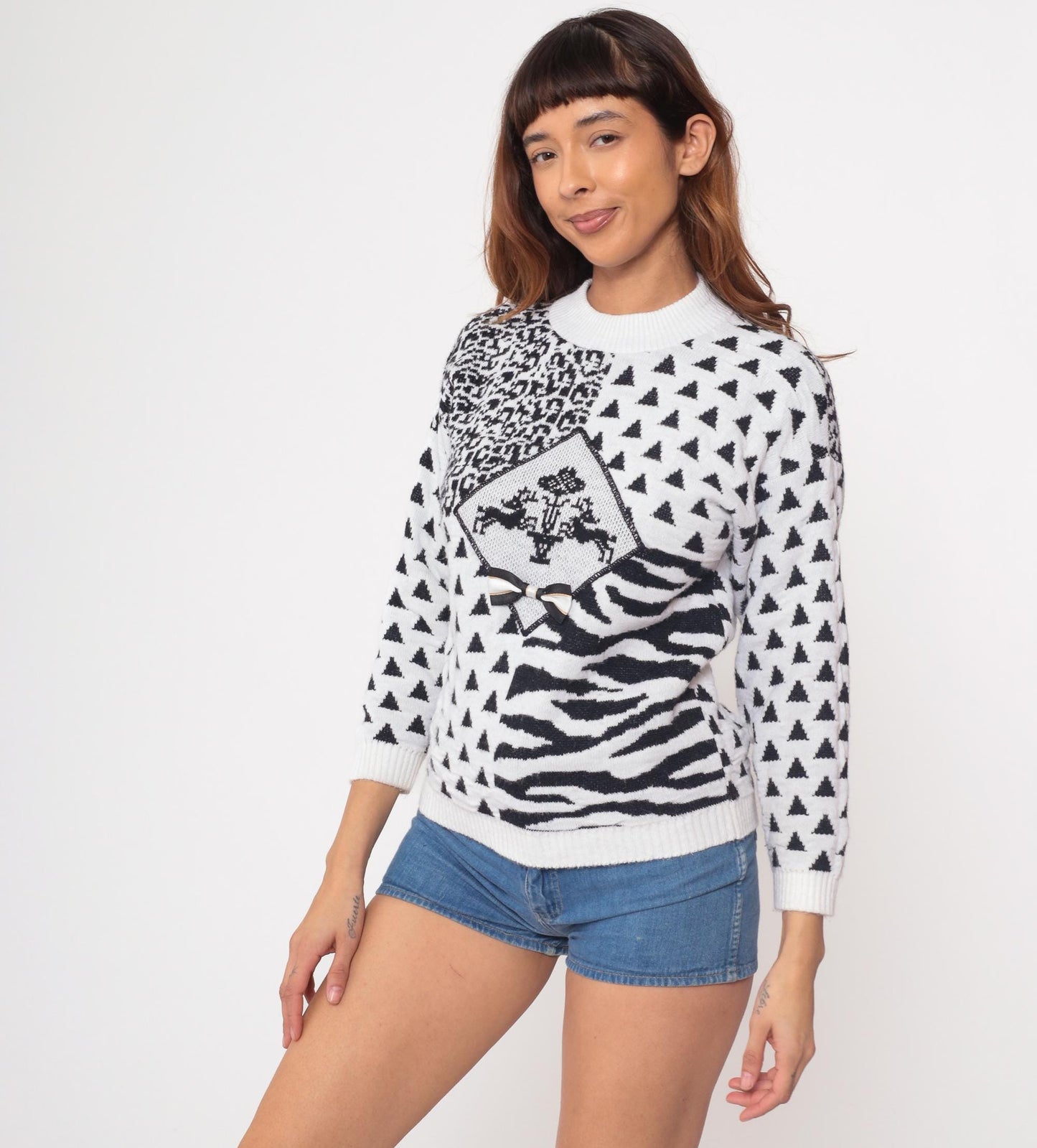 90s Animal Print Knit Sweater White Black Leopard Zebra Pullover Small S