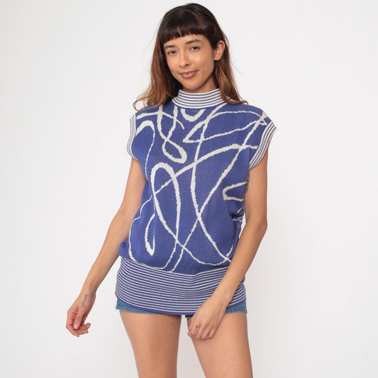 80s Richard & Co Periwinkle Geometric Knit Mock Neck Tunic Small