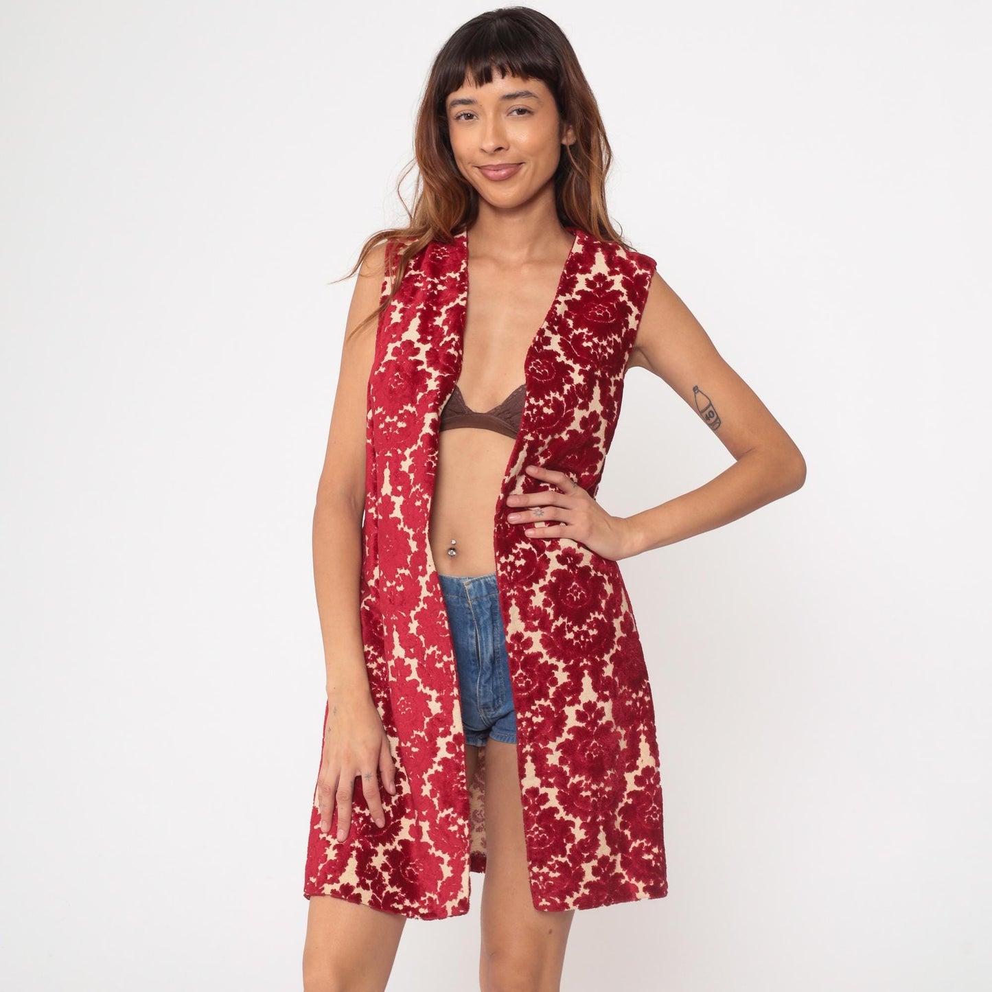 1970s VIP Red Velvet Floral Vest Sleeveless Long Open Front Small Medium