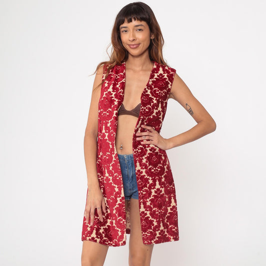 1970s VIP Red Velvet Floral Vest Sleeveless Long Open Front Small Medium
